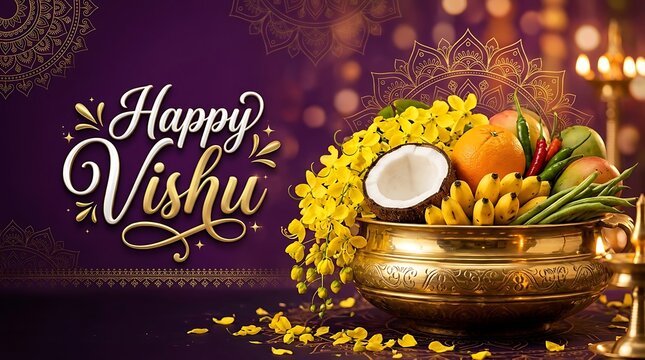 Colorful Vishu Kani fruits vegetables arranged in decorative brass bowl celebration scene