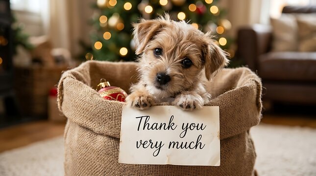 Cute puppy resting in burlap sack with thank you sign during festive holiday season