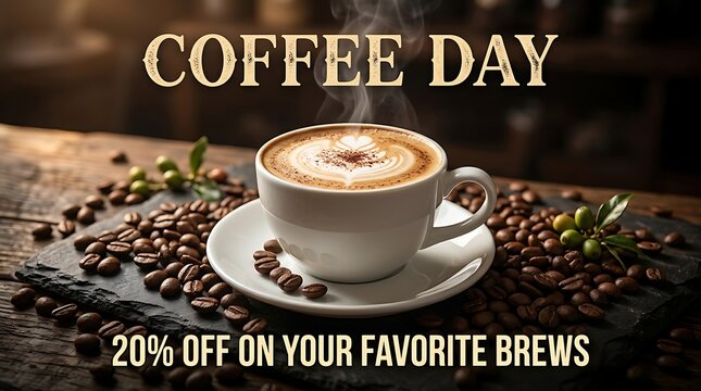 Delicious Cappuccino Coffee Cup With Artistic Latte Art On Saucer Surrounded By Coffee Beans