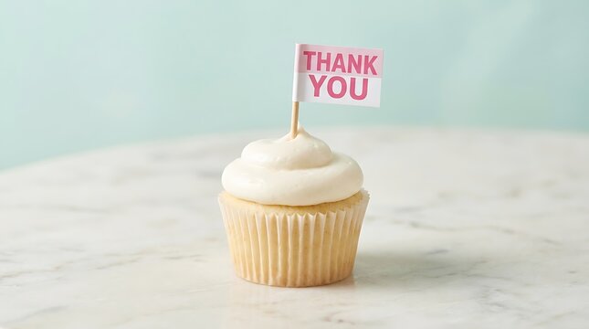 Delicious cupcake topped with white frosting and thank you flag message on marble surface
