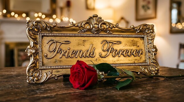 Elegant Gold Frame With Friends Forever Message And Red Rose On Wooden Surface