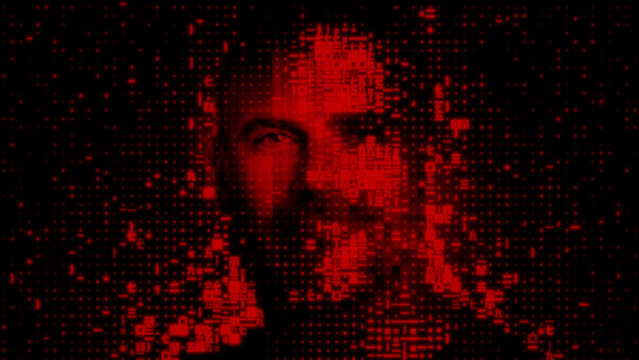 Male Face formed from Programming Code, illustrating Dark Web Data Leak Concept.