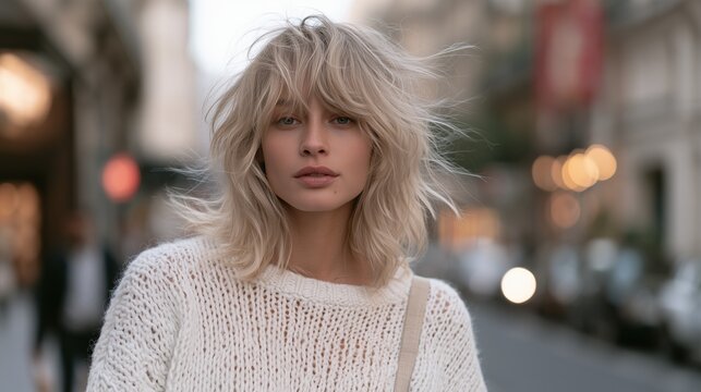 Medium shot of a woman walking along an autumn city street, with an ash-blonde shag haircut, tousled layers moving in a light breeze, entire hairstyle visible.