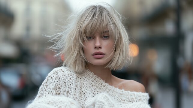 Medium shot of a woman walking along an autumn city street, with an ash-blonde shag haircut, tousled layers moving in a light breeze, entire hairstyle visible.