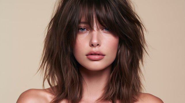 Studio portrait of a young woman with a chestnut-brown shag haircut, textured medium-length layers and soft curtain bangs, entire hairstyle visible with generous framing space.
