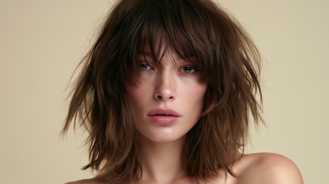 Studio portrait of a young woman with a chestnut-brown shag haircut, textured medium-length layers and soft curtain bangs, entire hairstyle visible with generous framing space.