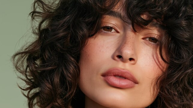 Portrait of a woman with a natural dark-brown curly shag haircut, defined curls in short-to-medium layers, entire hairstyle visible with generous framing space.