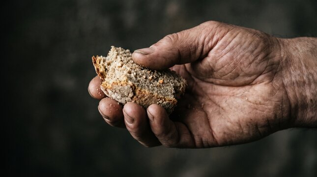 Close-up of a hand holding a piece of bread, symbolizing the International Day for the Eradication of Poverty, overcoming hunger, raising awareness about food insecurity, social inequality