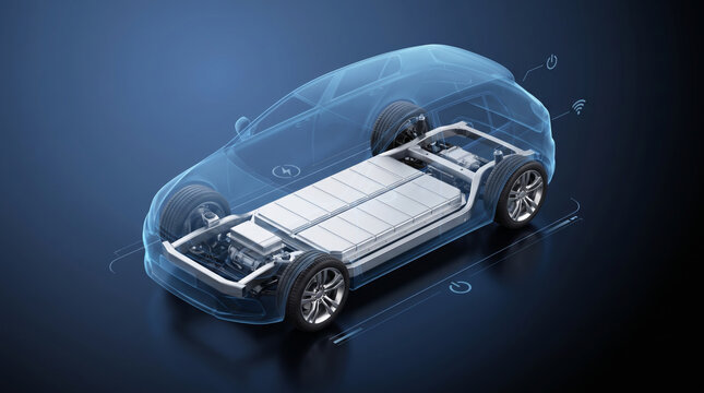 Battery pack industrial electric vehicle chassis technology transport energy storage blue. Clean hybrid energy storage module production, lithium electric power innovation, factory manufacturing