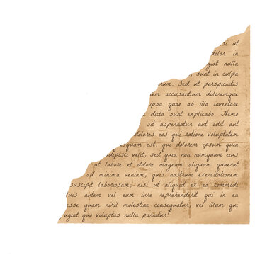 Vintage Tattered Parchment Paper Fragment With Hand Written Calligraphy Script On White Background. Ideal for Scrapbook, Journal, Craft, Creative Project or DIY.