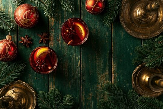 Christmas Mulled Wine with Cinnamon and Orange on Rustic Table