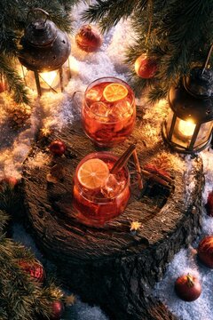 Two Festive Christmas Cocktails with Orange and Cinnamon in Snow