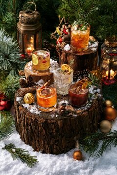 Festive Christmas Cocktails with Citrus and Snowy Pine Decorations