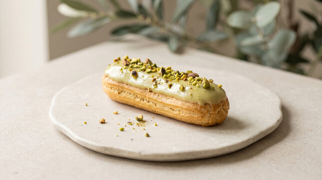 Delicate French eclair with glossy pistachio glaze and chopped pistachios, softly blurred botanical leaves, tasty sweet food, delicious dessert, minimalist patisserie.