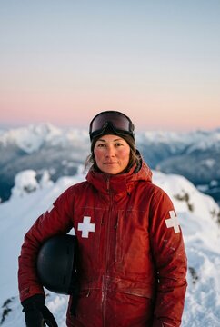 Portrait of a confident female ski patroller standing on a snowy mountain peak at sunset, wearing a red rescue jacket and holding a helmet