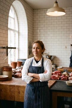 Confident female butcher standing with arms crossed in a traditional rustic meat shop with tiled walls and raw beef cuts on wooden counters