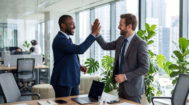 two business Professionals leader ceo smiling and celebrating success an modern office