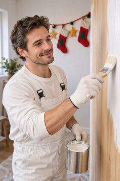 Vertical photo of male painter applying white paint to wooden wall panel. Decorator working indoors during Christmas season