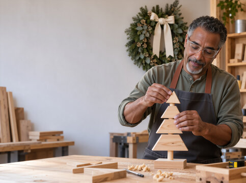 Mature carpenter assembling a handcrafted wooden Christmas tree in a workshop. Artisan woodworker creating seasonal crafts. Copy space