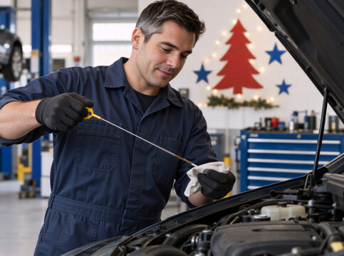 Auto mechanic checking engine oil dipstick under a car hood. Vehicle maintenance and repair service technician in a workshop
