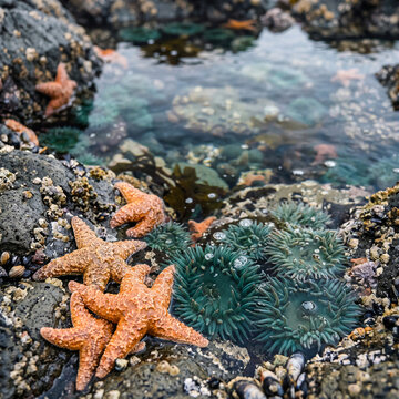 Rocky tide pool at low tide with starfish and sea anemones
