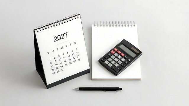 Desk calendar for 2027 with calculator and pen Keywords: calendar, 2027, desk, spiral bound