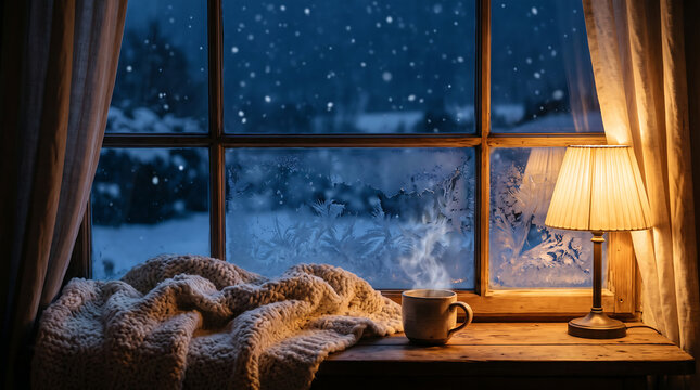 Cozy winter scene with a steaming mug, a warm knitted blanket, and a glowing lamp by a frosted window at night