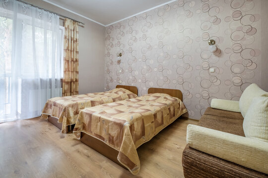 interior of cheapest bedroom in studio apartments or hostel.