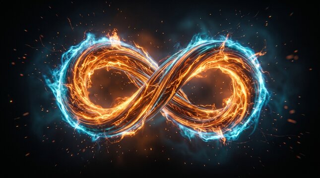 glowing infinity symbol made of intertwined fiery orange and golden energy currents,