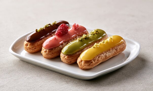 Delicious eclairs with various fillings, arranged neatly on a plate