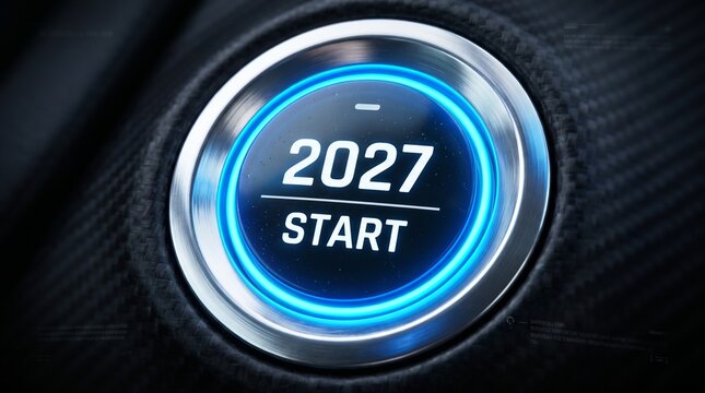 glowing blue start button embedded dashboard, proudly displaying the year 2027 to symbolize