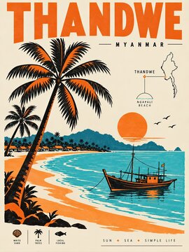 Retro travel poster of Thandwe, Myanmar, showing a tropical beach, palm trees, fishing boat, and setting sun over the sea.