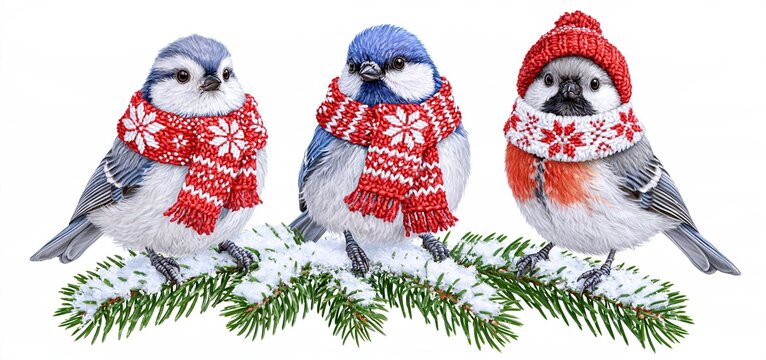 Three cheerful birds in festive scarves perch on a frosted pine branch amid gentle snowfall, creating a winter holiday scene.