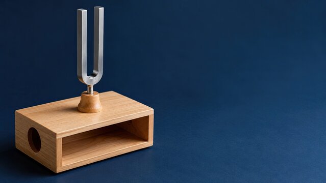 A metal tuning fork stands on a wooden resonator box against a dark blue background.