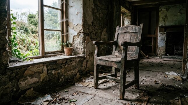Abandoned Chair in Ruined Stone Room.