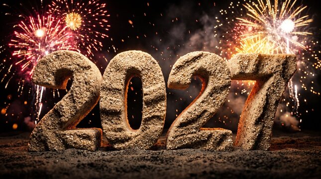 Large glitter silver 2027 digits ,vibrant, celebratory night sky filled with red, gold, and white fireworks.