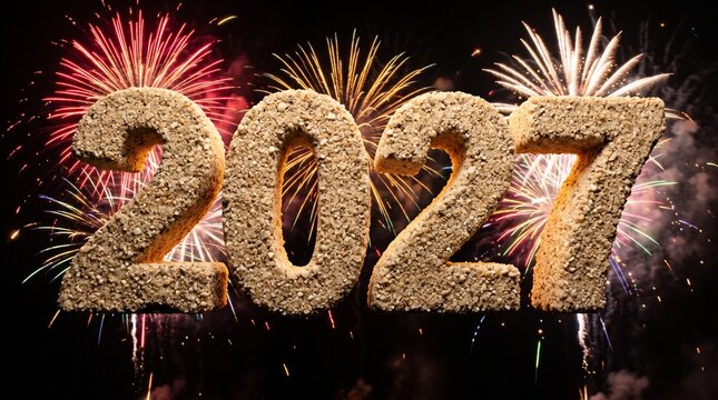 Large glitter silver 2027 digits ,vibrant, celebratory night sky filled with red, gold, and white fireworks.