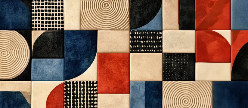 Geometric color block pattern in blue orange beige and black for bauhaus inspired branding and packaging.