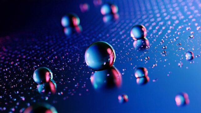 Macro blue water droplets on a textured surface for freshness branding wallpaper and beauty design.