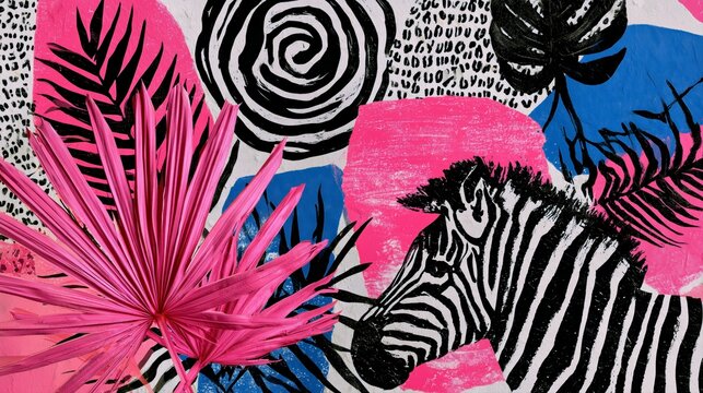 Bold zebra stripes mixed with pink tropical leaves for colorful graphic wallpaper and poster design.