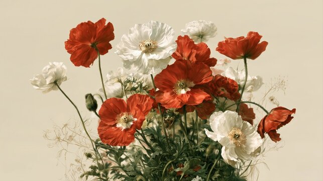 Fresh red poppy and white wildflower bouquet in a glass vase for floral branding and editorial decoration.