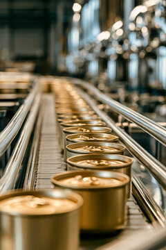 A row of flat, oval, light-gold metal cans is seen on a conveyor belt in a factory. The cans are arranged in a line, ready for processing