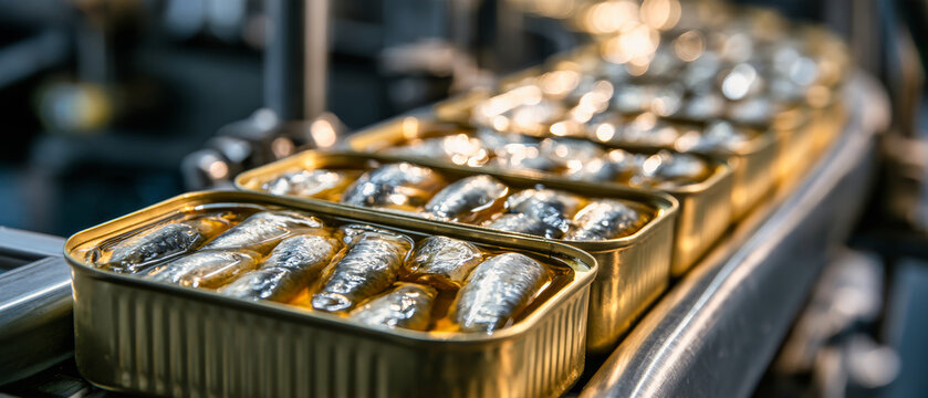 Close view of a factory conveyor belt with gold tins of sardines. The tins are open and packed with fish in amber oil. Industrial equipment serves as