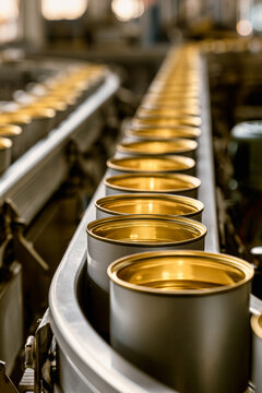 A row of open metal cans with golden interiors moves along a conveyor system in a food processing plant. Soft lighting highlights the scene