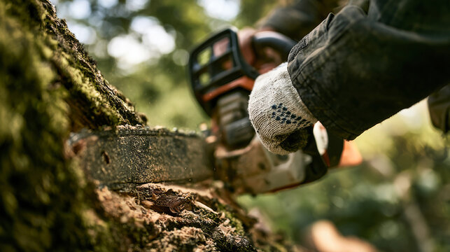 A worker is using a chainsaw to cut through a tree trunk in a forest. Sunlight filters through the leaves above, creating a natural setting