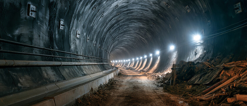 Workers are building a tunnel underground. The scene shows a long, dark tunnel with lights along the walls and dirt on the ground