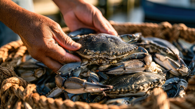 Hands handle crabs gathered in a woven basket, sorting the catch outdoors in daylight after fishing
