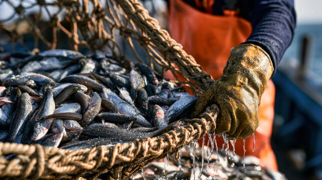A gloved fisher pulls a net full of fish aboard a boat, with water draining through the mesh during a fishing catch