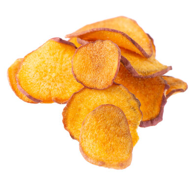Crispy roasted sweet potato chips with sea salt, isolated on white background. Healthy and crunchy natural vegetable snack. Clipping path.