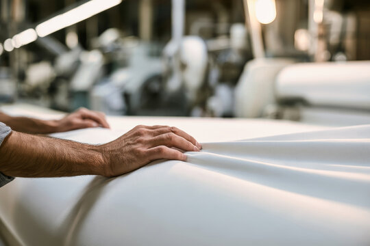 A man uses both hands to examine a large roll of white fabric in a bright, clean textile factory filled with industrial equipment